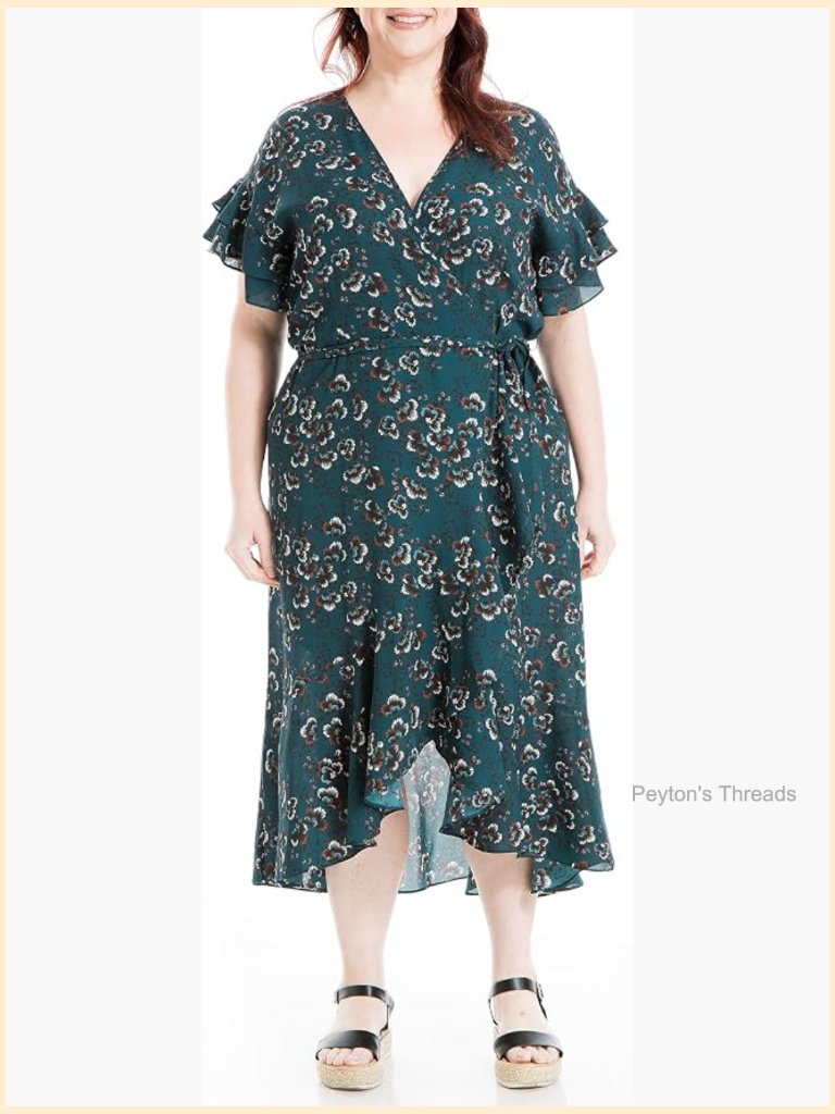 Plus Size Short Sleeve Wrap Midi Dress Surplice Neck Ruffle